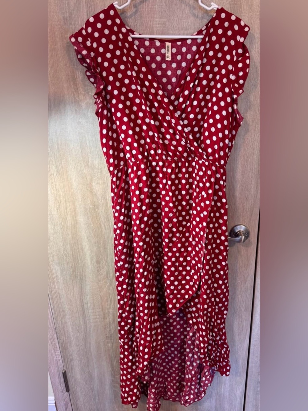 Red Polka Dot Hi-Low Dress with Ruffle Sleeves